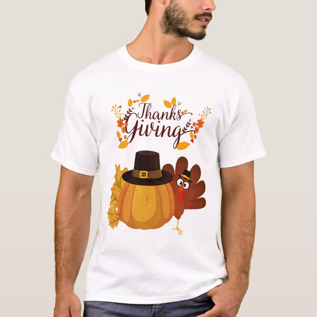 Thanksgiving Turkey & Pumpkin T‑Shirt T-Shirt (Front)