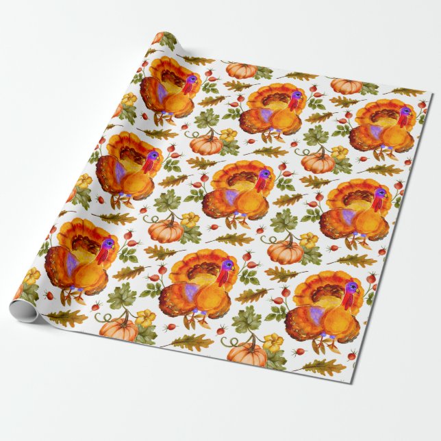 Thanksgiving Turkey, Pumpkins and Autumn Leaves Wrapping Paper (Unrolled)