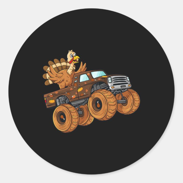 Thanksgiving Turkey Riding Monster Truck Boys Kids Classic Round Sticker (Front)