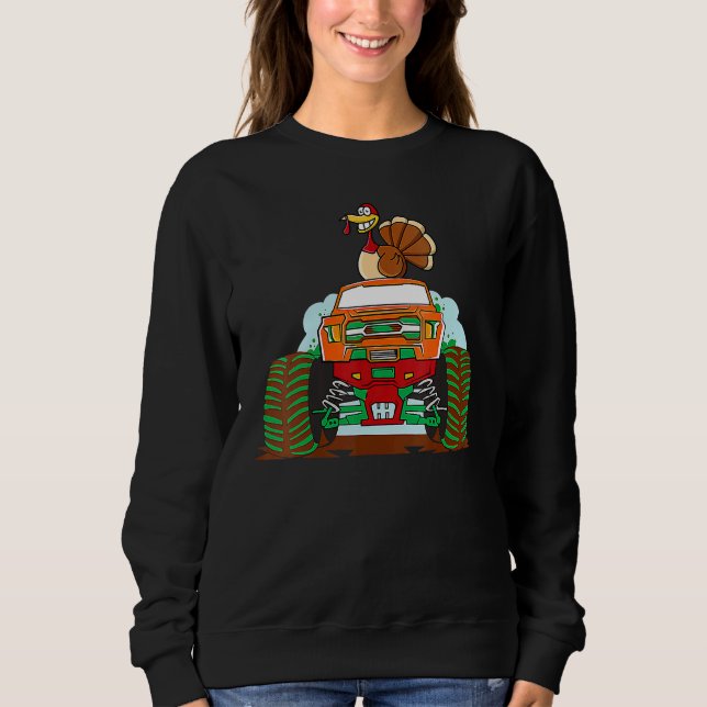 Thanksgiving Turkey Riding Monster Truck Boys Kids Sweatshirt (Front)