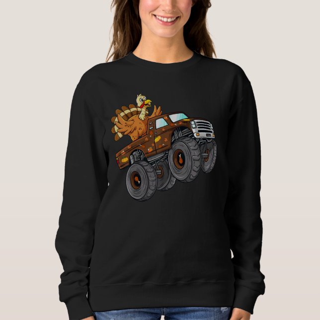 Thanksgiving Turkey Riding Monster Truck Boys Kids Sweatshirt (Front)