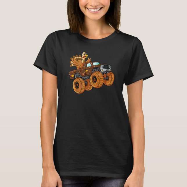 Thanksgiving Turkey Riding Monster Truck Boys Kids T-Shirt (Front)