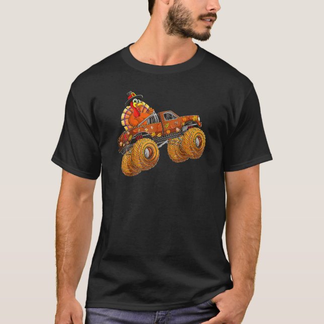 Thanksgiving Turkey Riding Monster Truck Boys Kids T-Shirt (Front)