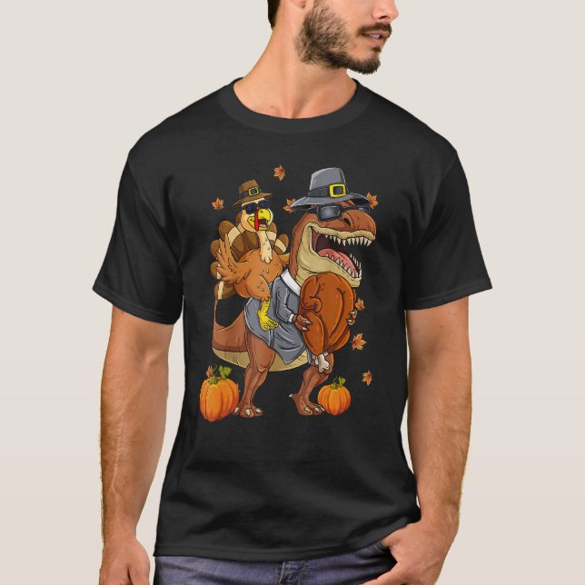 Thanksgiving Turkey Riding Rex Dinosaur Toddler Bo T-Shirt (Front)