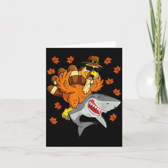 Thanksgiving Turkey Riding Shark Funny Autumn Boys Card (Front)