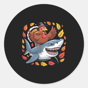 Thanksgiving Turkey Riding Shark Funny Autumn Boys Classic Round Sticker