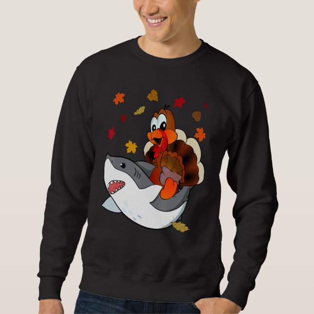 Thanksgiving Turkey Riding Shark  Toddler Boys Kid Sweatshirt (Front)