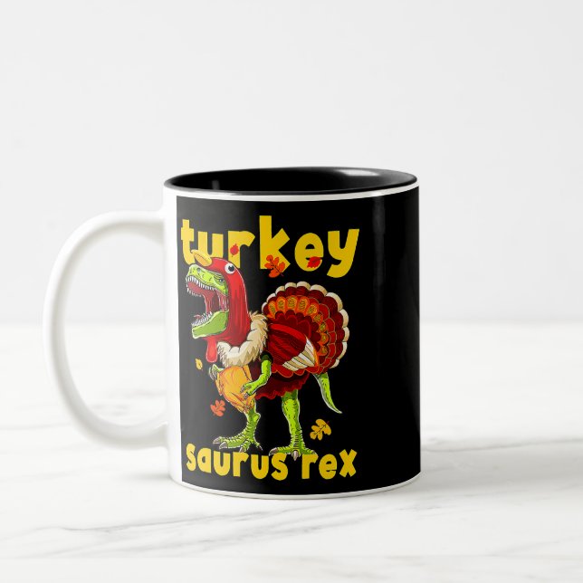 Thanksgiving Turkey Saurus T Rex Pilgrim Dinosaur  Two-Tone Coffee Mug (Left)