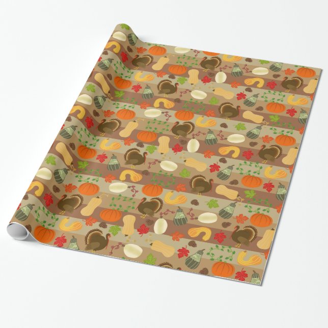 Thanksgiving Turkey Squash Autumn Harvest Pattern Wrapping Paper (Unrolled)