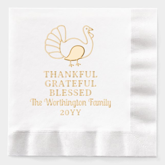 Thanksgiving Turkey Thankful Grateful Blessed  Foil Napkins (Front)