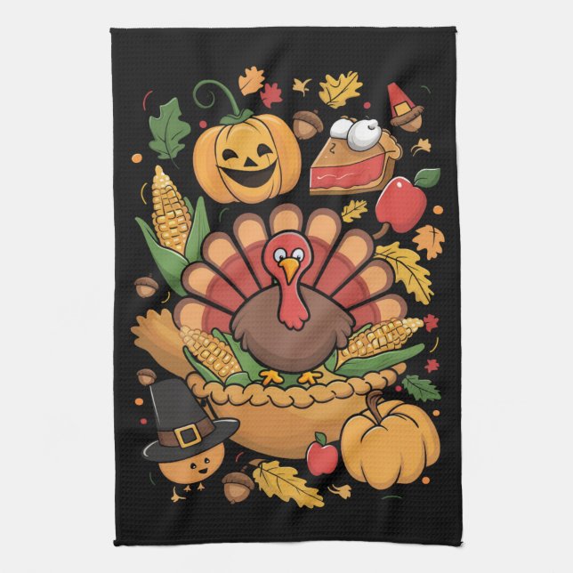 Thanksgiving Turkey Thankful Pie Fall Family Tea Towel (Vertical)