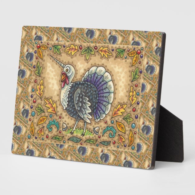 THANKSGIVING TURKEY UNICORN, FOLK ART FANTASY BIRD PLAQUE (Side)