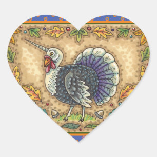 THANKSGIVING TURKEY UNICORN, WHIMSICAL FANTASY HEART STICKER