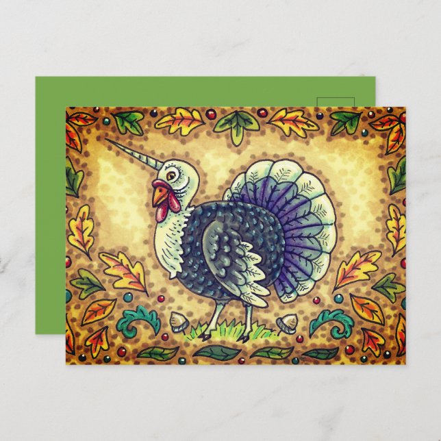 THANKSGIVING TURKEY UNICORN, WHIMSICAL FANTASY,    HOLIDAY POSTCARD (Front/Back)