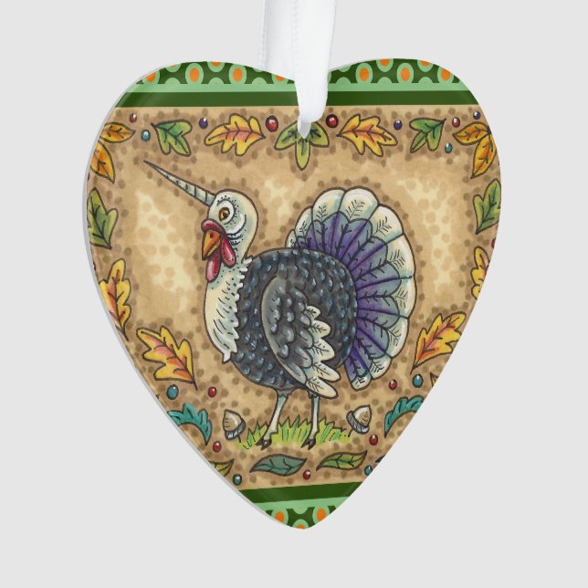 THANKSGIVING TURKEY UNICORN, WHIMSICAL FANTASY ORNAMENT (Front)