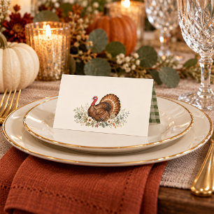Thanksgiving Turkey Watercolor Foliage Blank Place Card