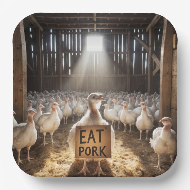 Thanksgiving Turkey With "Eat Pork" Sign Paper Plate (Front)