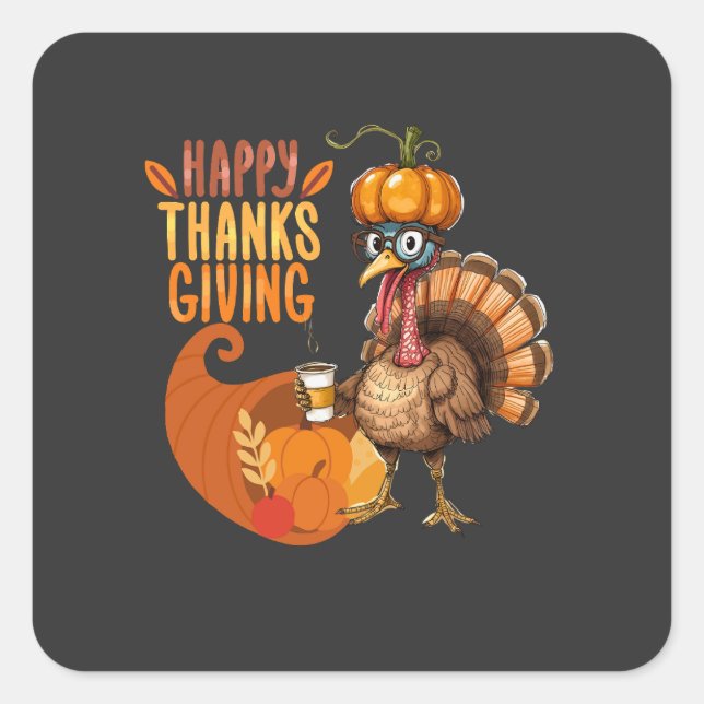 Thanksgiving Turkey with Pumpkin Hat Square Sticker (Front)