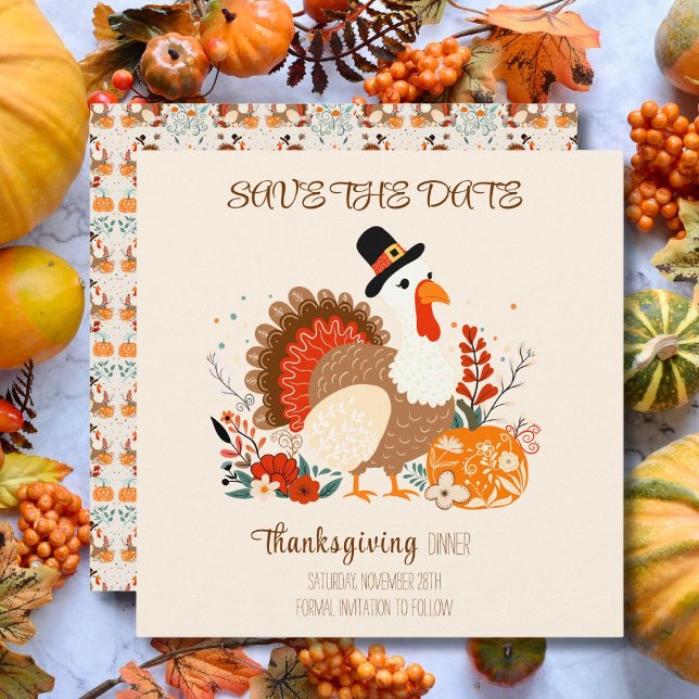 Thanksgiving Turkey With Pumpkins And Autumn Leave Save The Date (Creator Uploaded)