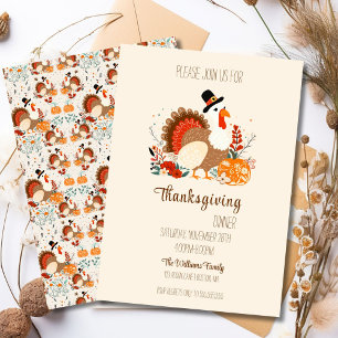 Thanksgiving Turkey With Pumpkins, Autumn Foliage Invitation