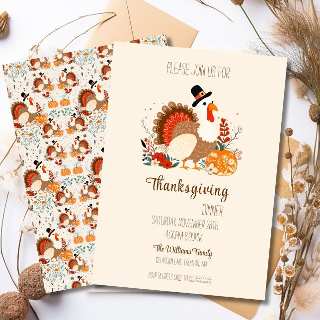 Thanksgiving Turkey With Pumpkins, Autumn Foliage Invitation (Creator Uploaded)