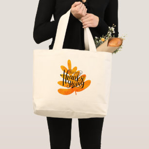 Thanksgiving Typography With Fall Leaf Large Tote Bag
