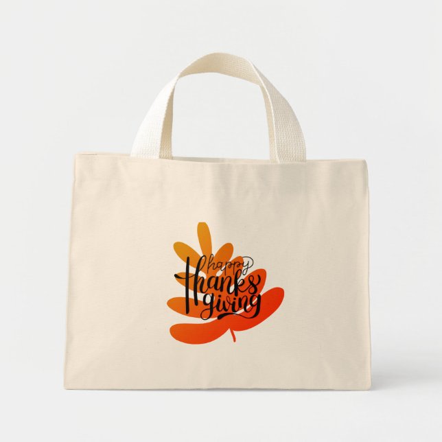 Thanksgiving Typography With Fall Leaf Mini Tote Bag (Front)