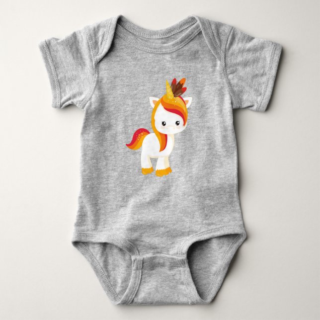 Thanksgiving Unicorn, Cute Unicorn, Feathers Baby Bodysuit (Front)
