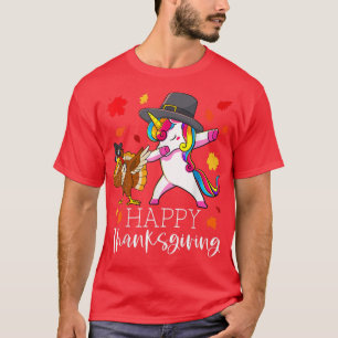 Thanksgiving Unicorn Girls Cute Dabbing Turkey Pil T-Shirt