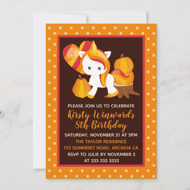 Thanksgiving Unicorn Pumpkin Birthday Invitation (Front)