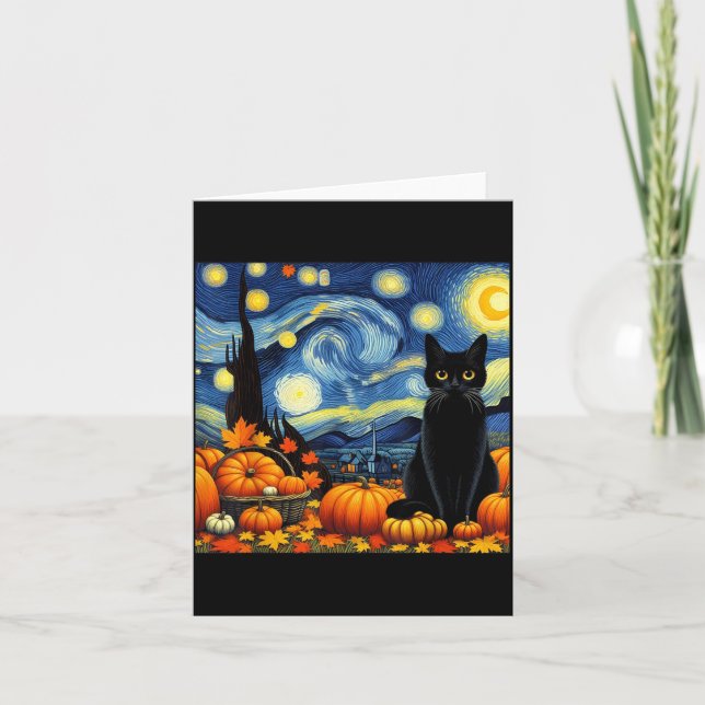 Thanksgiving Van Gogh Starry Night Black Cat Pumpk Card (Front)