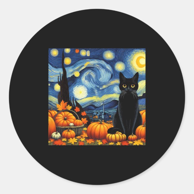 Thanksgiving Van Gogh Starry Night Black Cat Pumpk Classic Round Sticker (Front)