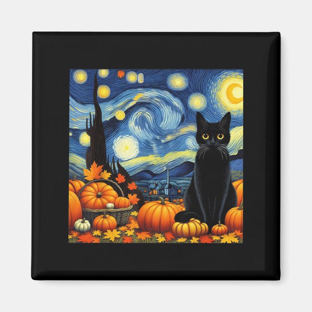 Thanksgiving Van Gogh Starry Night Black Cat Pumpk Magnet (Front)