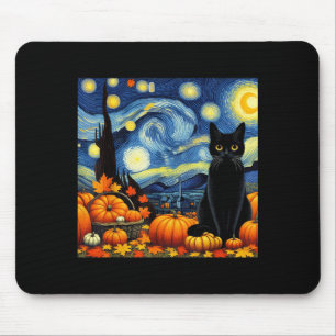 Thanksgiving Van Gogh Starry Night Black Cat Pumpk Mouse Pad