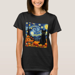 Thanksgiving Van Gogh Starry Night Black Cat Pumpk T-Shirt