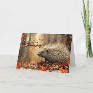 Thanksgiving Vintage Porcupine in Autumn Leaves Holiday Card