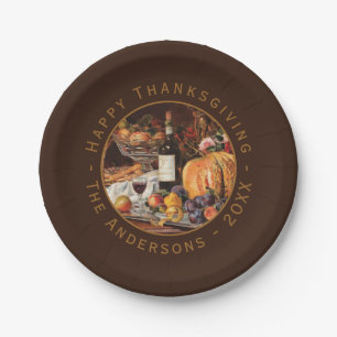 Thanksgiving Vintage Pumpkin Autumn Fruits Brown Paper Plate