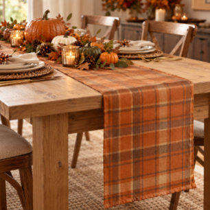 Thanksgiving Warm Plaid Rich Orange Brown Beige Short Table Runner