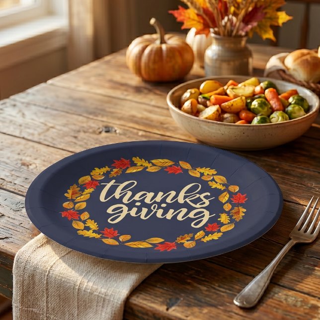 Thanksgiving Watercolor Fall Leaf Wreath Paper Plate (Be thankful for Thanksgiving with these plates featuring a watercolor autumn leaf wreath.
)