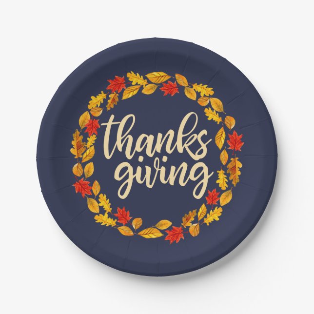 Thanksgiving Watercolor Fall Leaf Wreath Paper Plate (Front)