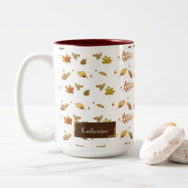 Thanksgiving Watercolor Fall Leaves Monogram Two-Tone Coffee Mug (With Donut)