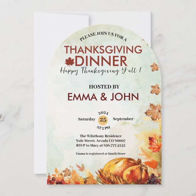 Thanksgiving Watercolor Leaves Fall Autumn Turkey  Invitation (Front)