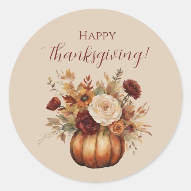 Thanksgiving-Watercolor Pumpkin and Flowers- Classic Round Sticker (Front)