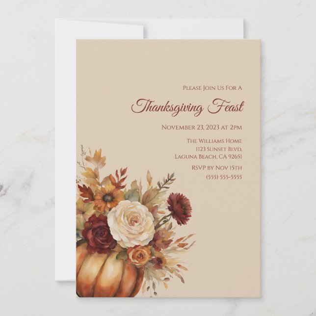 Thanksgiving-Watercolor Pumpkin and Flowers- Invitation (Front)