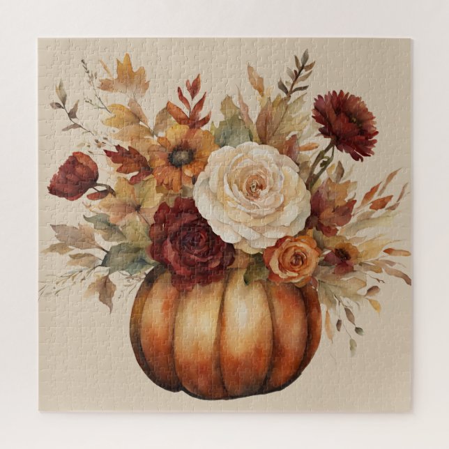 Thanksgiving-Watercolor Pumpkin and Flowers- Jigsaw Puzzle (Vertical)
