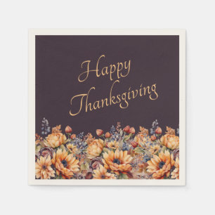 Thanksgiving-Watercolor Pumpkin and Flowers- Napkin