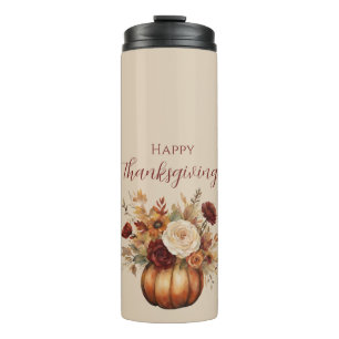 Thanksgiving-Watercolor Pumpkin and Flowers- Thermal Tumbler