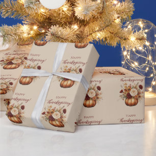 Thanksgiving-Watercolor Pumpkin and Flowers- Wrapping Paper