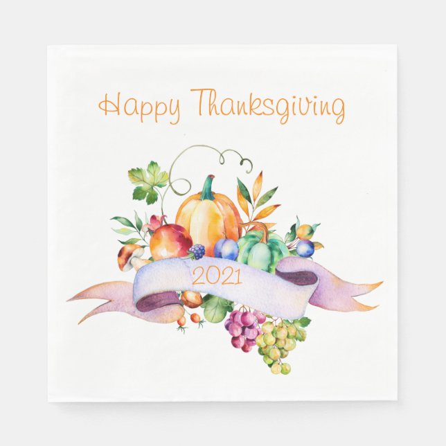 Thanksgiving Watercolor Pumpkins and Fruits Napkin (Front)