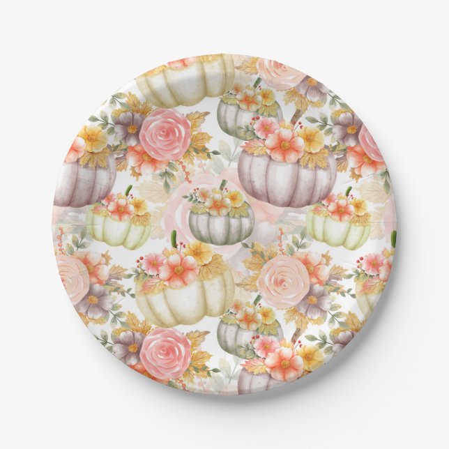 Thanksgiving watercolor pumpkins floral paper plate (Front)